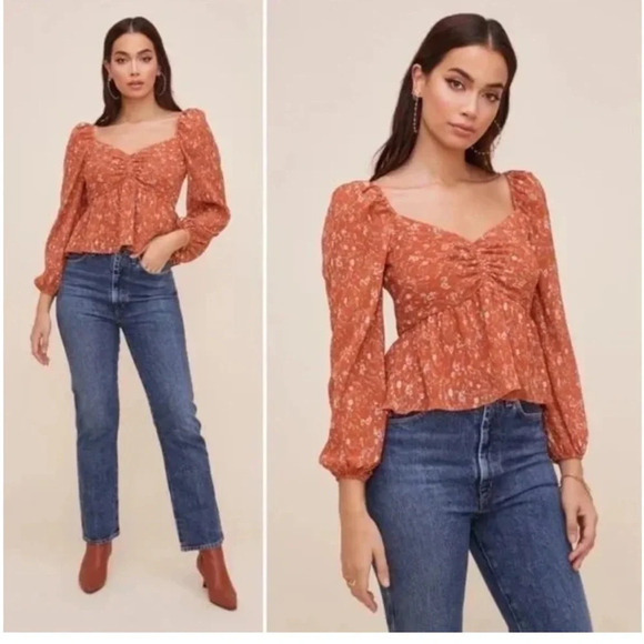 ASTR The Label Burnt Orange/Rust Floral Sweetheart Ruched Blouse Size Small - Picture 6 of 10